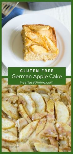 a close up of a plate of food with apples on it and the words gluten free german apple cake