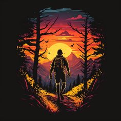 a man with a backpack is walking through the woods at sunset in front of mountains