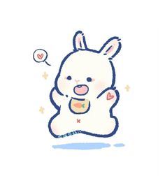 a drawing of a white bunny holding a donut in it's paws and looking up at the sky