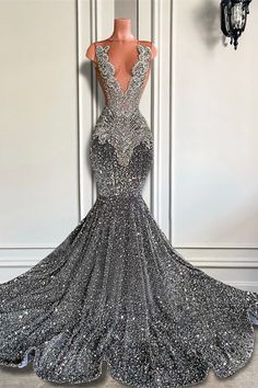 Mermaid Jewel Sequined Floor-length Sleeveless Appliques Lace Prom Dress-Ballbella Elegant Haute Couture, فستان زهري, Sequins Prom Dress, Sequin Mermaid Dress, Prom Dresses Ideas, Prom Dress Sleeveless, Girl Prom, Prom Dress With Train, Prom Inspiration