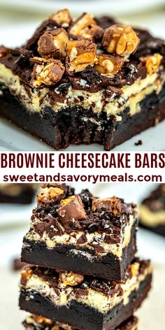 brownie cheesecake bars stacked on top of each other