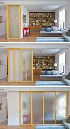 three pictures of the inside of a house showing different rooms and furniture in each room