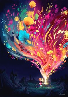 an artistic painting with colorful shapes and colors on the ground, in front of a dark background