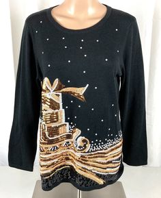 Draper's & Damon's Sequined Christmas Presents in Sleigh Black Sweater PL Black Embellished Sweater, Embellished Sweaters, Holiday Attire, Womens Sweaters, Black Sweater, Christmas Sweater, Christmas Presents, Black Sweaters