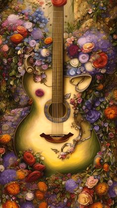 a painting of a guitar surrounded by flowers