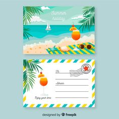 two postcards with beach scenes and cocktails on the beach, one is for summer holidays