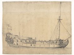 an old drawing of a boat with people on the deck and in the water next to it