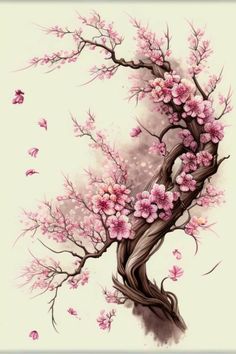 a painting of a tree with pink flowers on it