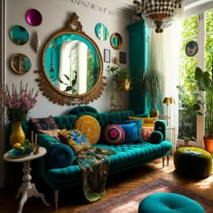 colorful living room with vintage stuff, baroque frames, mirrors, cozy, cushions, lamps, puffs, coffee table, bookshelf, carpet, mandala, sofa, turquoise, teal, golden, Green, White, yellow Vintage Boho Maximalism, Interior Cottagecore, Apartment Eclectic, Kitchen Eclectic, Cozy Maximalism, Glam Interior, Maximalist Bedroom, Bedroom Eclectic, Eclectic Apartment