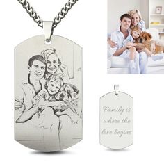 a couple and their dog are shown with an engraved necklace