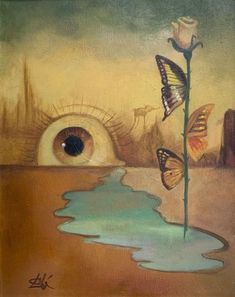 a painting with an eye and two butterflies on it