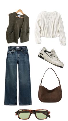 an assortment of clothing and accessories including sunglasses, sweaters, shoes, and handbag