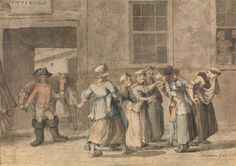 an old painting of people standing in front of a building and talking to each other