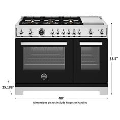 an image of a black and white stove with measurements for the oven door, side by side