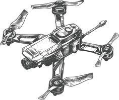 a black and white drawing of a quadcopter with two propellers on it