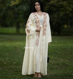 Embroidered linen abaya bisht with dress. Saudi abaya with | Etsy Elegant Long Abaya For Summer, Modest Wedding Abaya For Spring, Modest Long Abaya For Summer, Cream Long Abaya For Eid, Embroidered Cape Dress, Spring Wedding Embroidered Abaya, Summer Wedding Long Abaya, Cream Abaya For Eid, Long Abaya For Spring Wedding