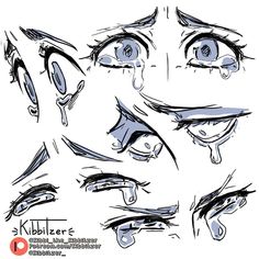 an anime character's eyes are drawn in various ways, including tears and tears