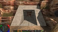 a screenshot of a jail cell in the middle of a rocky area with trees and rocks