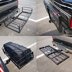 four pictures of the back of a truck with luggage in it