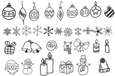 christmas ornaments and decorations drawn in black ink