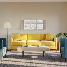 a living room with yellow and blue furniture