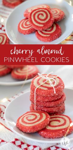 red and white cookies are stacked on top of each other with the words cherry almond pinwheel cookies