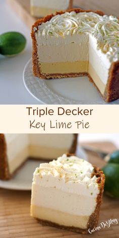 three different types of key lime pies on white plates with text overlay that reads triple decker key lime pie