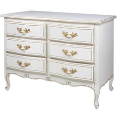 a white dresser with gold trimmings on the top and bottom drawers, against a white background