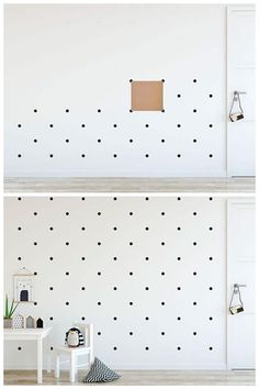 the wall is decorated with polka dots and has a small window on top of it