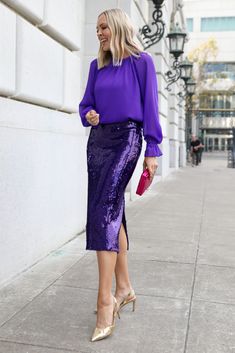 Purple Skirt Outfit, Purple Fashion Outfit, Skirts Collection, Sequin Skirt Outfit, Midi Outfits, Sequin Coats, Sparkle Outfit, Book Dress, Sequin Outfit