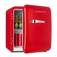 a red refrigerator with its door open and some drinks in it