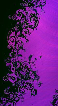 an abstract purple background with black swirls and flowers on it's edges,