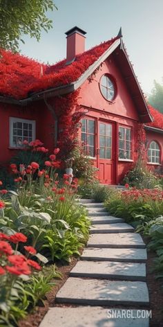 a red house with flowers and plants around it