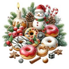 a bunch of doughnuts and christmas decorations with a candle on the top one