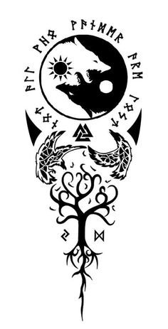 a black and white tattoo design with an image of a tree, moon and sun