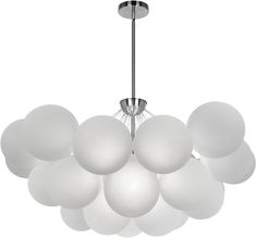 a chandelier with white balls hanging from the ceiling