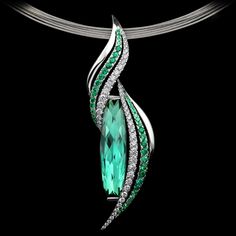 Emerald Flame Pendant by Adam Neeley. Emerald Flame Pendant features a tourmaline cut by Stephen Avery, accented with pavé set emeralds and diamonds in white gold. Bijoux Art Deco, Kay Jewelry, Jewelry Drawing, Tourmaline Jewelry, Couture Jewelry, Deco Jewelry, Emerald Jewelry, I Love Jewelry, Gems Jewelry