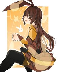 an anime character with long brown hair sitting on the ground