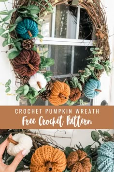 crochet pumpkin wreath with free crochet pattern on the front and side