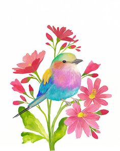 a watercolor painting of a colorful bird sitting on top of pink and yellow flowers