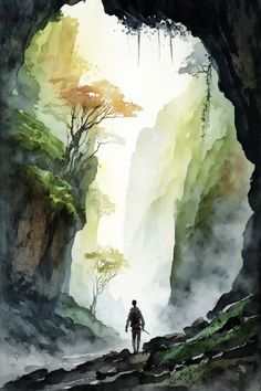 a painting of a man standing in front of a cave with mountains and trees on it