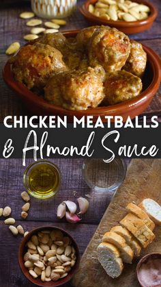 chicken meatballs and almond sauce in bowls on a table with bread, garlic and nuts