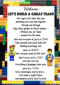 a lego poster that says, let's build a great team