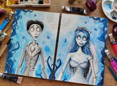 the corpse bride and groom are painted on canvass with watercolors, paintbrushes, and crayons