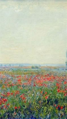 an oil painting of a field with red flowers