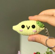 a hand holding a tiny keychain with a pea on it