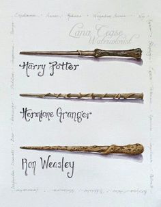 three harry potter wands are shown on a piece of paper with the words harry potter written