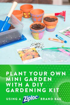 a table topped with potted plants and gardening supplies