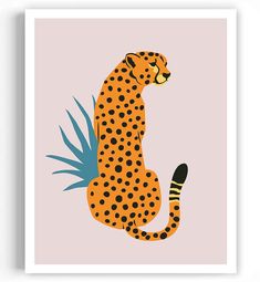 a painting of a cheetah sitting on top of a plant