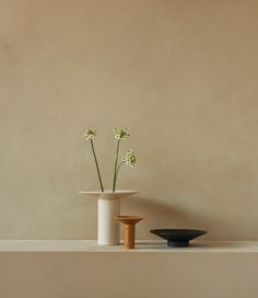 two white vases with flowers in them on a shelf next to a black bowl